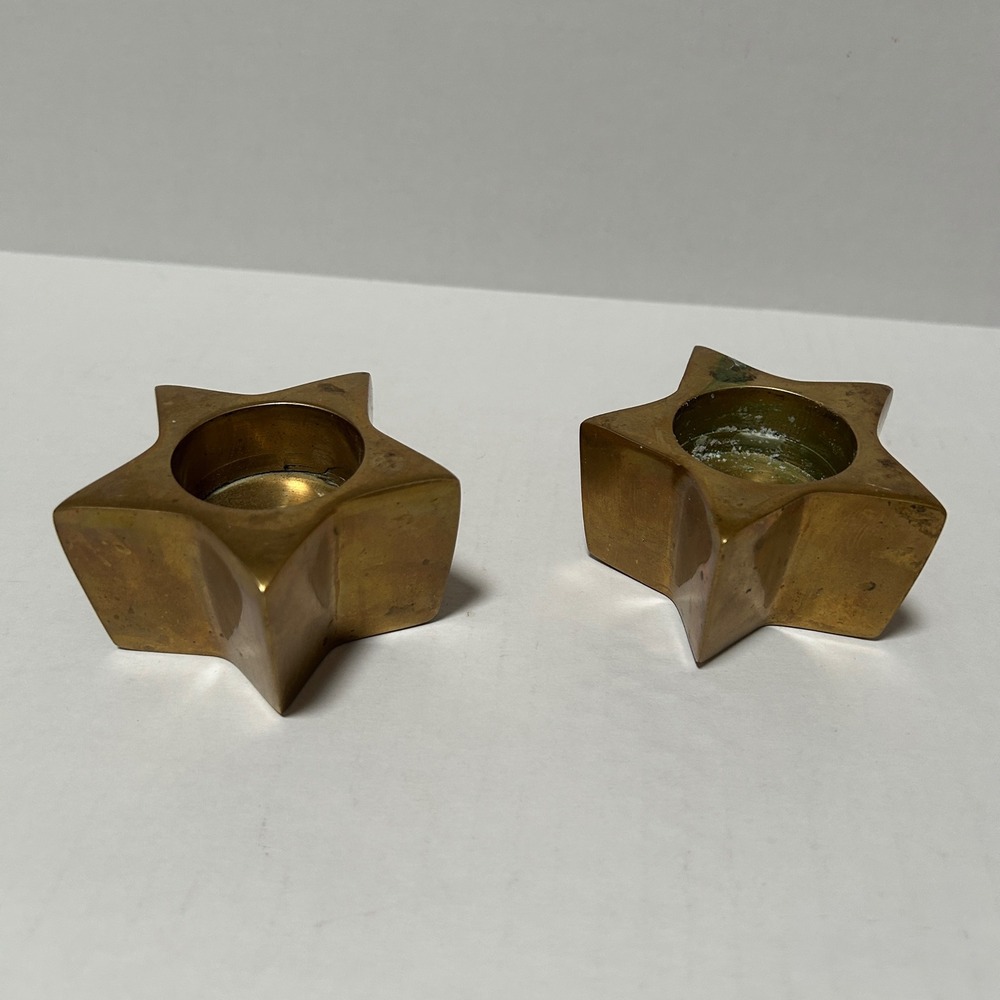 Vintage Solid Brass Star Candle Holder Set Reversible Taper Tea Light 2pc